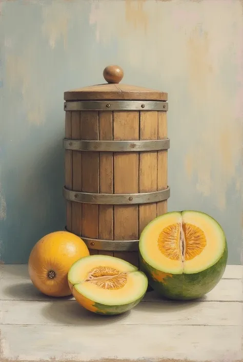 A still life in soft pastels with a wooden flour bin showing only three panels in the front in the scene and one whole musk melon and one cut musk melon, in Alwyn Crawshaw style in a very artsy rendering with lots of pastel smudges to make it look authenti...