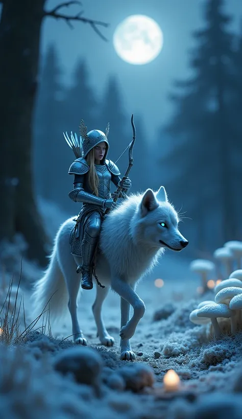 A highly detailed and cinematic macro photograph of a miniature huntress in sleek, silver armor adorned with crescent moon motifs that glow faintly in the moonlight. She wields a bow made of pure moonlight, its string humming with ethereal energy. The hunt...