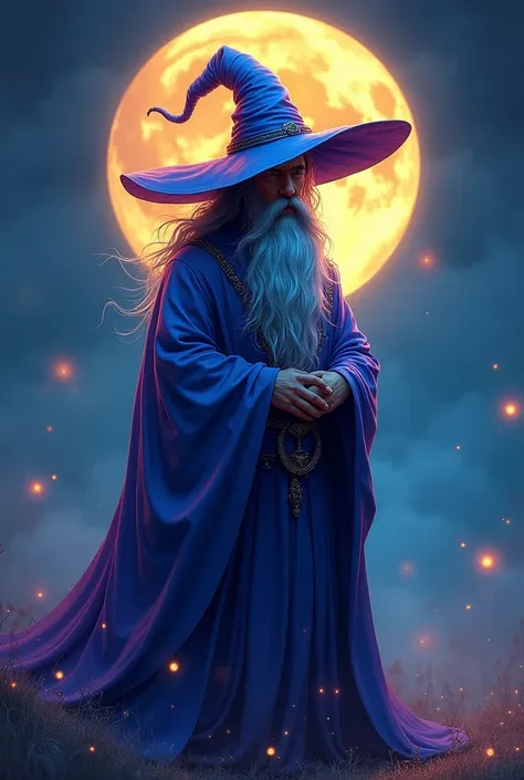 I want the image of a wizard, easy to draw , But make it look interesting and in a corner I want a full moon