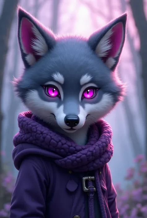 furry wolf art, Gray black purple, pink eyes, boy