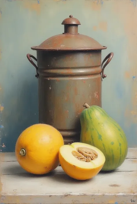 A still life in soft pastels with an old rusty metal flour bin and one whole musk melon and one cut musk melon, in Alwyn Crawshaw style in a very artsy rendering with lots of pastel smudges to make it look authentic pastel painting.