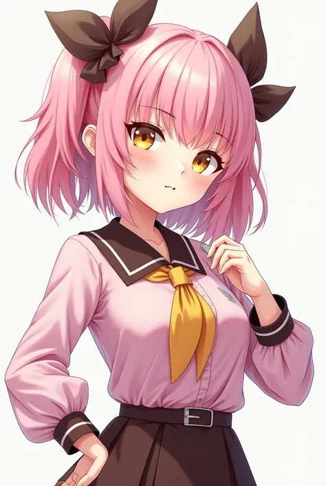  High quality cutlery,  Ultra HD,  a drawing of an adult white-skinned woman with smooth pink hair of medium size and with two bows,  yellow eyes,  clothes pink, brown with yellow black and white details ,  workshop in a dynamic pose  