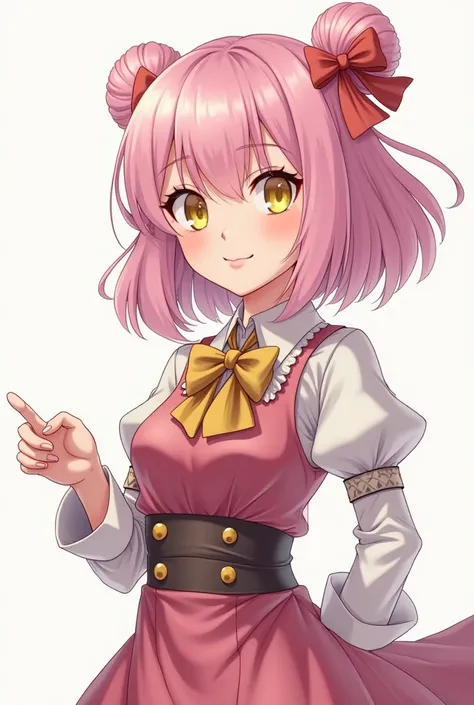  High quality cutlery,  Ultra HD,  a drawing of an adult white-skinned woman with smooth pink hair of medium size and with two bows,  yellow eyes,  clothes pink, brown with yellow black and white details ,  workshop in a dynamic pose  