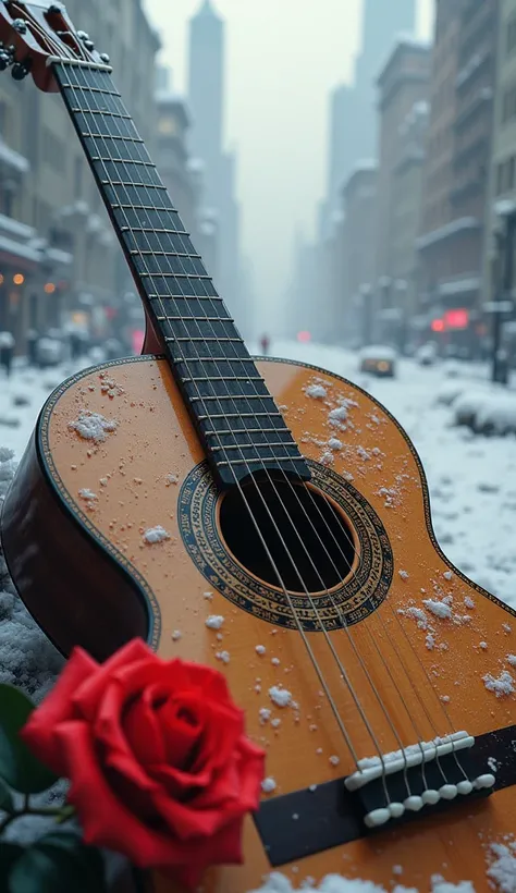  create an ultra-high definition picture， The picture is a close-up of a classical guitar ， The lines and details of all guitars are particularly clear and realistic，A bright rose as a backdrop ，The background is a big city covered in snow and ice。