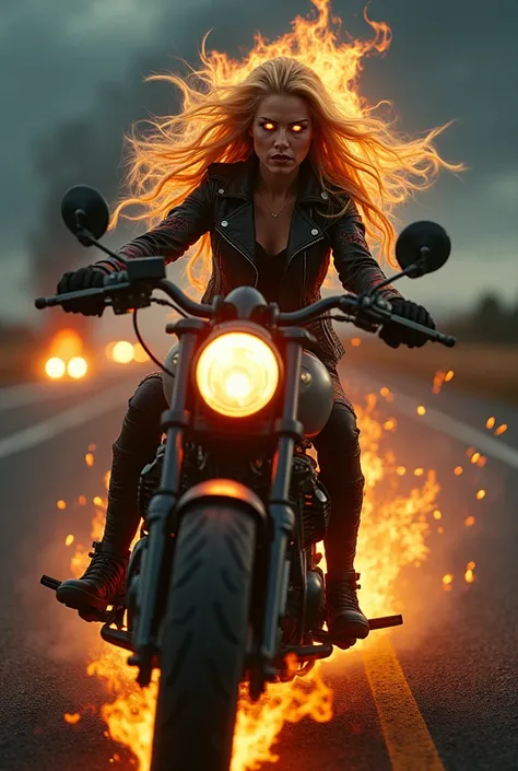 A fierce ghost rider with long, flowing blonde hair engulfed in flames. Her face is visible, showing an intense and expressive look—fierce determination mixed with supernatural power. Her eyes glow with an eerie fire, and flames lick at her skin without bu...