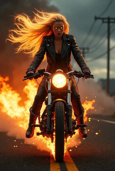 A fierce ghost rider with long, flowing blonde hair engulfed in flames. Her face is visible, showing an intense and expressive look—fierce determination mixed with supernatural power. Her eyes glow with an eerie fire, and flames lick at her skin without bu...