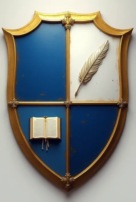 I want a shield with golden edges inside it, a division of four cells: the upper left dark blue, the upper right, white with a feather, the lower left, a half-open bible, the lower right, dark blue. 