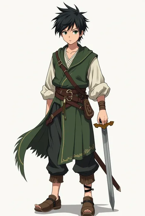  the full body of a 16-year-old boy with spiky black hair ,  green eyes,  thin body, but muscular of medium height and wearing peasant clothes and holding a sword in his right hand. Wearing anime style .