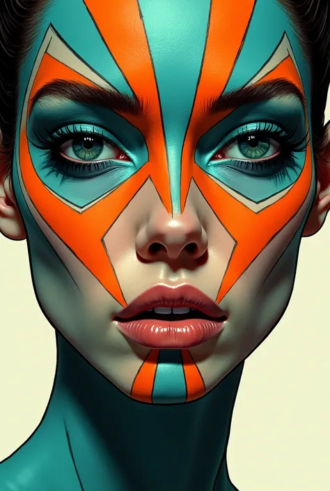  Woman's face made up with orange and turquoise lines. That's Simon Bisley