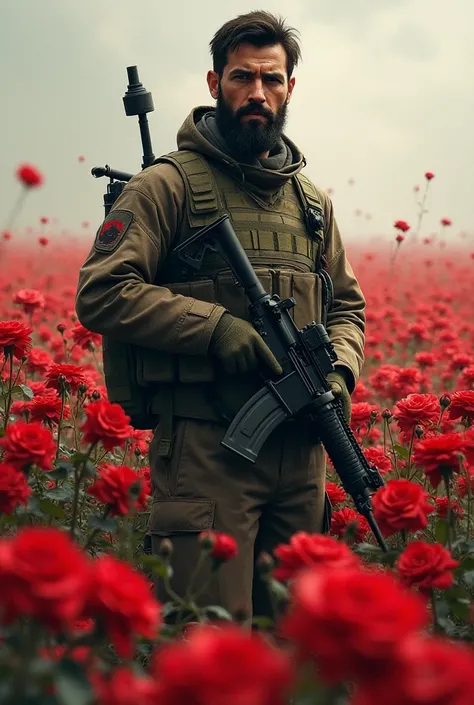 Hezbollah fighter in a field of roses