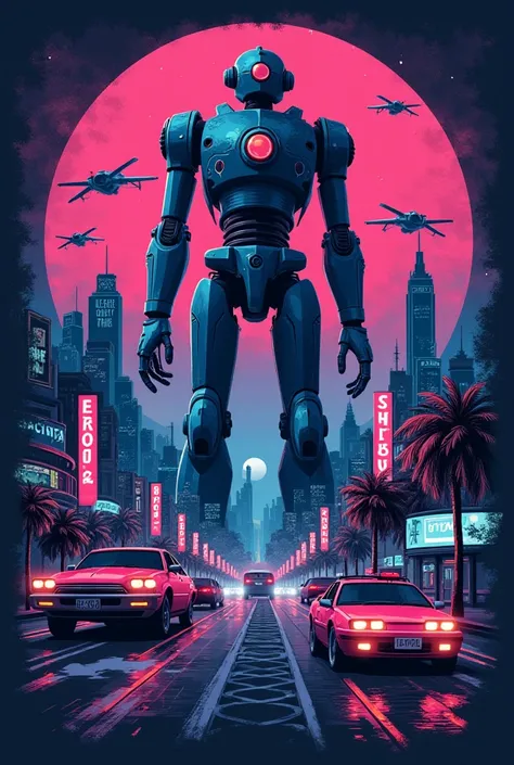 Design a t-shirt that showcases a vintage-style graphic featuring a retro-futuristic cityscape with flying cars, neon signs, and a towering robot in the background. The color palette includes deep purples, blues, and neon pinks.