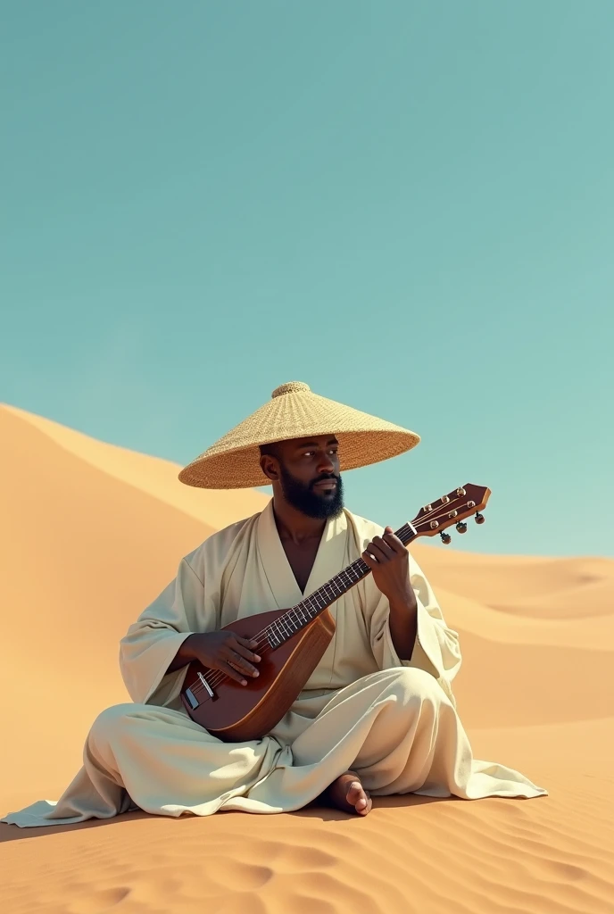 A black Japanese with a straw hat playing a pipa instrument in the desert and sitting with his legs crossed