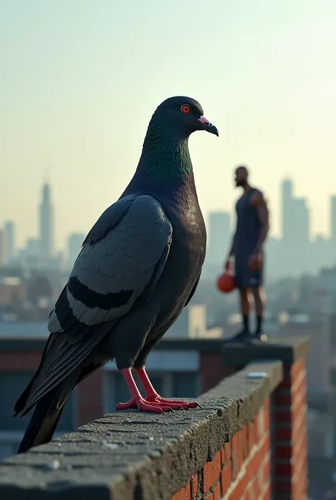 Make the pigeon black and he is on the roof and labron james is near him