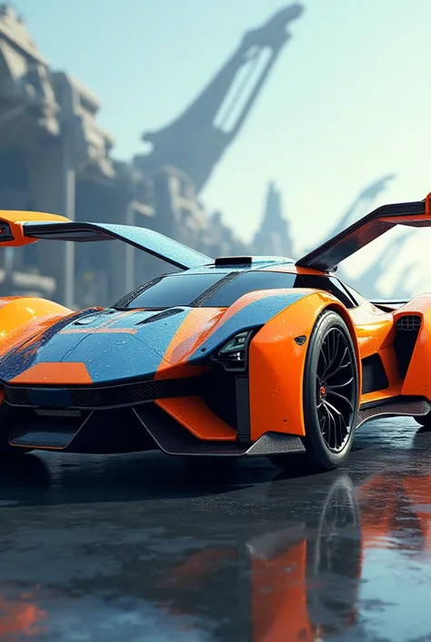 A big car with futuristic wings with vibrant orange and blue colors gr