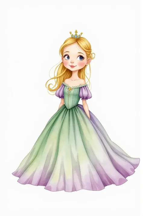  Create a gouache watercolor illustration ,  On white background , png, For a  , very small. 
 She is a cute princess ,  with a discreet and delicate smile .  wears a small delicate crown on her head . 
 Her princess dress is long , fluttering, with layers...