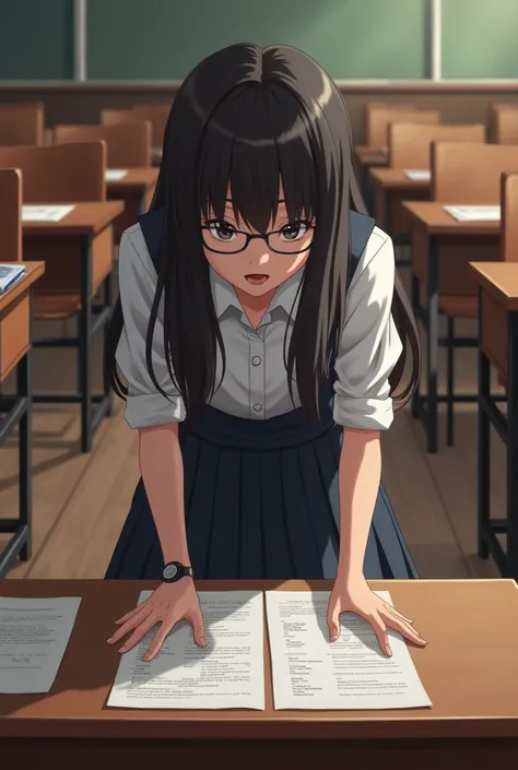 A girl is on her knees taking an exam 