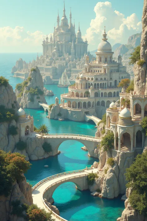 Create a luxurious and elegant city inspired by Lys from George R.R. Martin's A Song of Ice and Fire. The city is located on a series of small islands in the Summer Sea, surrounded by crystal-clear azure waters and connected by graceful stone bridges. The ...