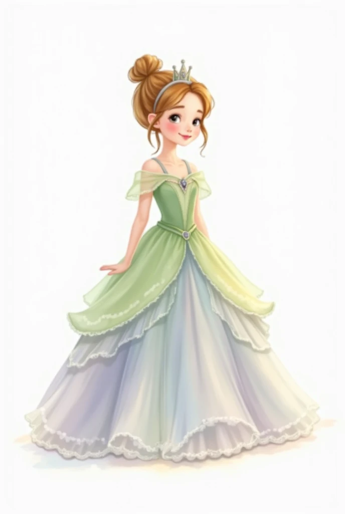 Create illustration ,  in watercolor style to gouache , , From a very small princess ,  with a discreet and delicate smile ,  wearing a small delicate crown on her head . 
 Wearing a long princess dress , fluttering,  with layers of fabric forming several ...