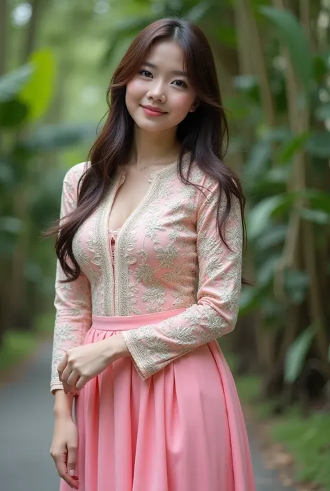 Make me a real picture there is a beautiful young Indonesian woman with white and bright skin wearing a traditional bali kebaya suit dress pink skirt dark brown hair color full length, body, background in bali park