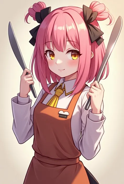  High quality cutlery,  8k Ultra HD , design, creative,  A girl with white skin , medium and pink straight hair,  with two bows on her head ,  yellow eyes, A cute pink outfit, brown, with yellow black and white details, in a dynamic pose make her look like...