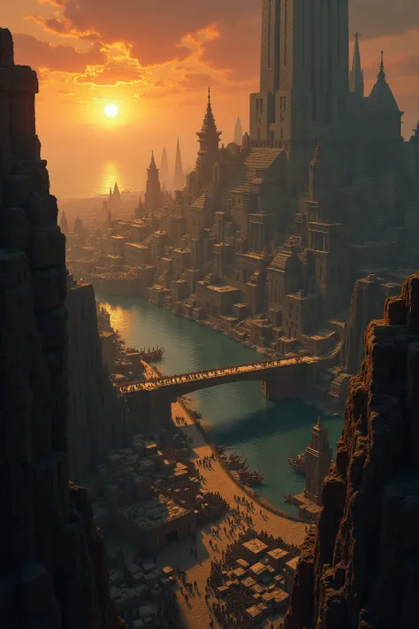 Create a sprawling, ancient city inspired by Volantis from George R.R. Martin's A Song of Ice and Fire. The city is divided by the mighty Rhoyne River, its waters reflecting the golden light of the setting sun. The Black Wall, a colossal structure made of ...