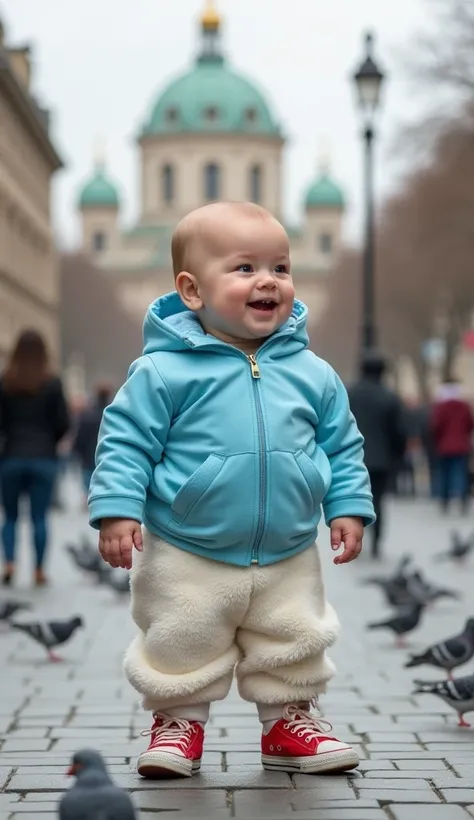 An obese baby, standing upright, full-body, wearing a sky-blue jacket, fluffy white pants, and red sneakers. He is in the middle of a bustling city square, with people walking and pigeons around. The baby observes the environment with an innocent and curio...