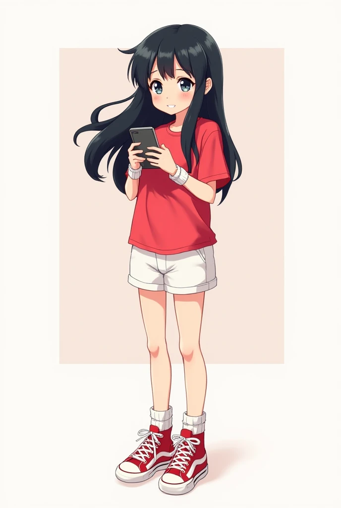 An anime girl with black hair and a red t-shirt with white shorts and wrist shoes with socks and who in her hand is playing Roblox with her cell phone
