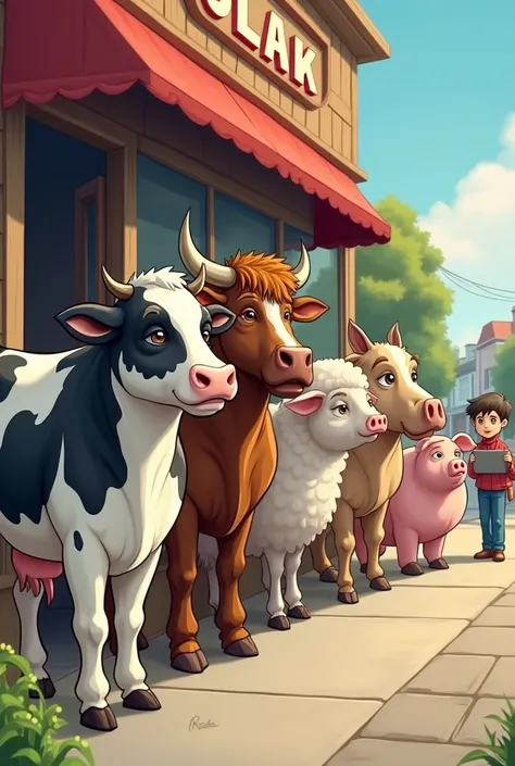  I can't directly create images ,  but I can offer you a detailed description that you can use as a reference for someone else to draw it:

 Imagine an orderly row of animals in front of a store .  At the head of the row is a cow ,  with its black and whit...