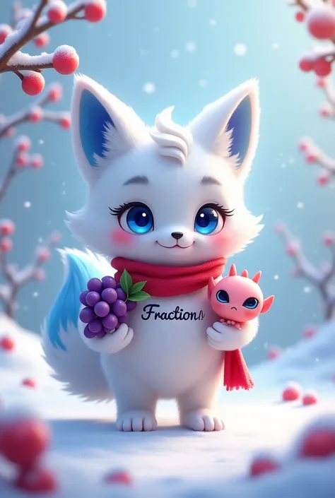 A beautifully designed white-furred fox character with large expressive blue eyes, inner ears, and a fluffy tail that transitions from white to sky blue. The fox has a charming smile and is holding a bunch of grapes in one hand and a cute alien plushie in ...