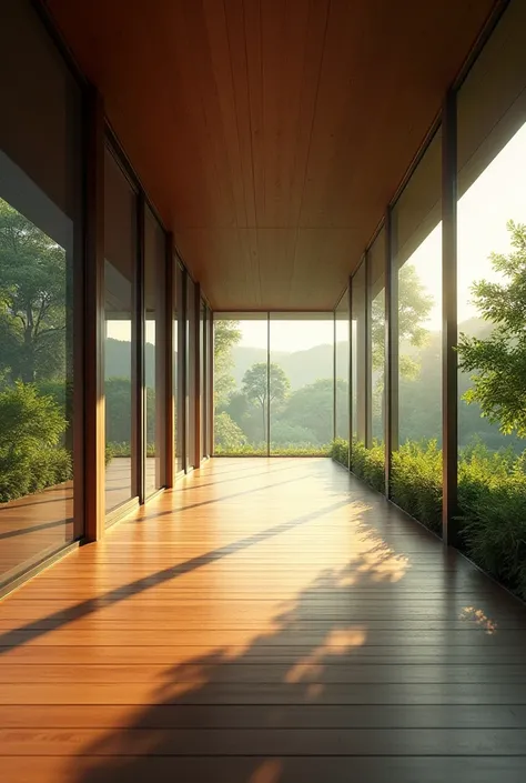 A long corridor has a wooden floor and has natural lighting and large windows on both sides overlooking a garden 