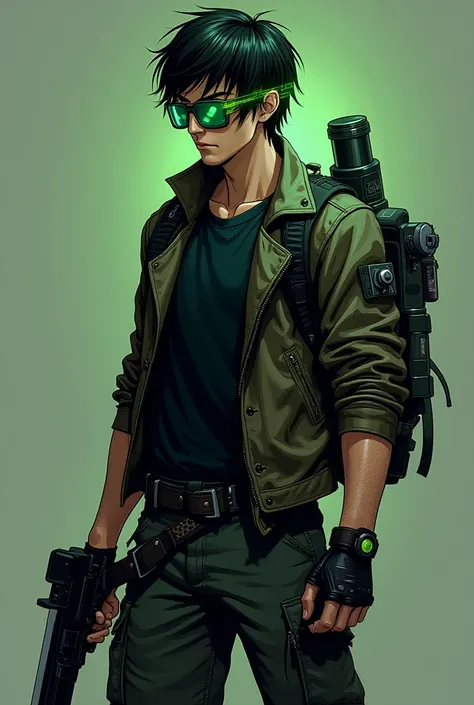 The character has short, disheveled hair ,  with neon green highlights that contrast with natural black .  He wears an aged leather jacket with metal details ,  on a basic black t-shirt and dark green cargo pants . . His equipment includes a plasma gun att...