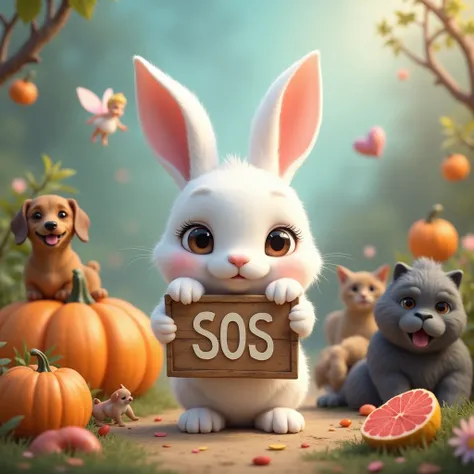 A cute white rabbit is holding a wooden board。There「SOS」 is written 。
Around「 pumpkin」「 grapefruit」「 dachshund 」「cat」「 cute fairy 」「gorilla」