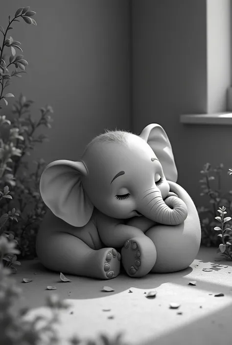 a baby elephant lying on its side that is very cute in black and white