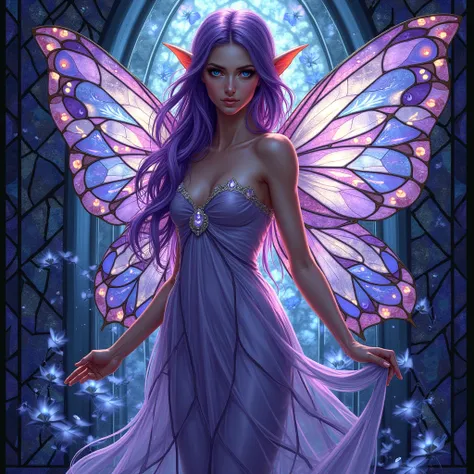 It’s all a vitral: A stained-glass artwork of a female fairy, fully immersed in the intricate and luminous style of vitral.

Her form is illuminated by the glowing stained-glass background, with geometric patterns and radiant colors creating a vibrant aura...