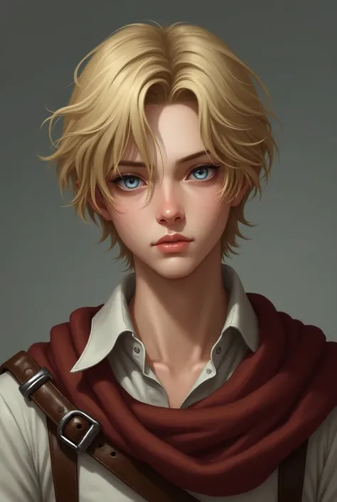 A young, light-skinned male, likely in his late s or early twenties, is depicted.  He has shoulder-length, light yellow hair styled in a somewhat tousled manner. His eyes are a striking light blue, and his expression is serious and contemplative, almost th...