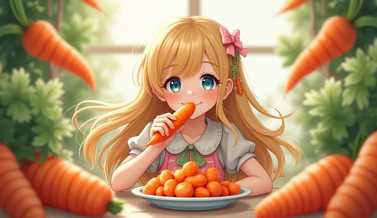 A beautiful girl with yellow hair, blue eyes and cute clothes holds a carrot in her hand and eats it. She is happy. She has a dish with carrots in front of her and behind her are carrots 