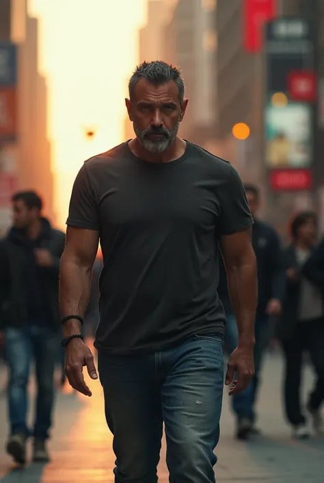 A middle aged name, strong build with jeans and a t-shirt., He has the face of a murderer, walking through the busy city center at dawn