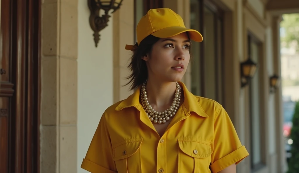 A young street sweeper ,  still wearing her yellow uniform , wearing a cap and all tied ,  trying to return Marta Vasconcellos , Who was an elderly woman , impeccably dressed , chic,  well dressed in beige with jewelry and other luxury artifacts,  her wall...