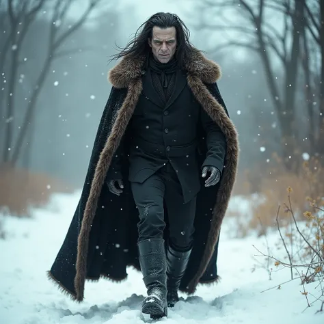 Frankenstein by James Whale ,  Walking through an environment with a lot of snow. It's windy and a blizzard falls.  He wears an 18th century black overcoat. He wears broken black pants . He wears smooth black leather boots , up to the knees. It has a cape ...