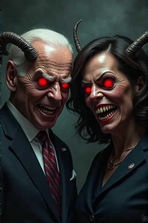 Create an image of Biden and kamala co a face and a demonic smile with horns as if they were demons with a dark background