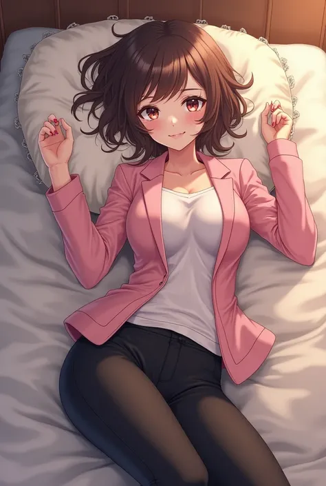 Create an anime-style woman with officepants and a pink jacket, In a sexual pose showing her buttocks and legs closed lying on a bed hugging a pillow put her on her back