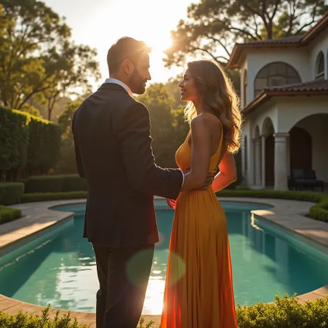 image that expresses prosperity, Power and money, growing, View of a man in the garden of a large house, Standing next to a beautiful woman, whisky, both wearing an elegant dress, In the background the round pool with trees on the property, Sunlight behind...