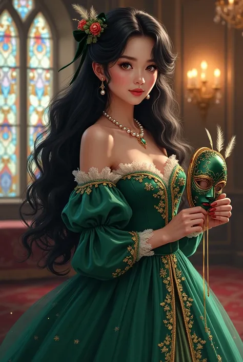 
Create an image of a woman with long wavy black hair,  shiny and voluminous ,  adorned with a delicately tied black velvet ribbon . Your ruby eyes are captivating,  with a seductive and mysterious look that seems to attract those who cross it .  She is dr...