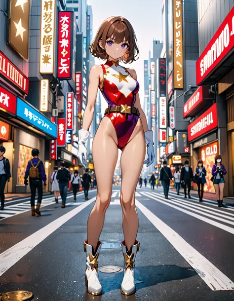 (masterpiece:1.2, best quality, high res, 4k, 8k), 1girl, adult, medium breasts, finger proportions coordination, cute and attractive woman, ((leotard, white and red leotard:1.2, sleeveless, bare legs)), ((high-waisted belt:1.2, tight belt, gold belt:1.2))...