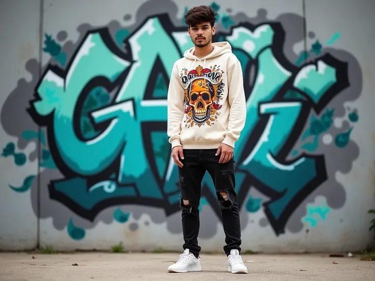 Auhust ginting


The man  indonesia muda is wearing a cream hoodie sweatshirt with a graphic design featuring various patterns, symbols, and text. The design is multi-colored, with orange, red, black, white, and hints of blue.  Part of the graphic appears ...