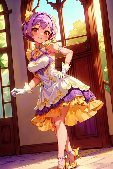 (Masterpiece, best quality), 1 girl, purple short hair, orange eyes, standing indoors with intricate details and sunlight, white frilled dress with short neckline, yellow heels, lilac gloves, sexy pose, smile, beautiful legs, mature body, gorgeous, pronoun...