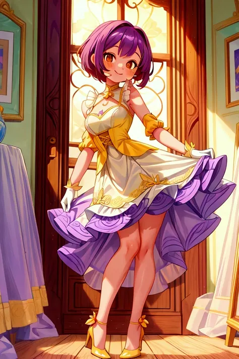 (Masterpiece, best quality), 1 girl, purple short hair, orange eyes, standing indoors with intricate details and sunlight, white frilled dress with short neckline, yellow heels, lilac gloves, sexy pose, smile, beautiful legs, mature body, gorgeous, pronoun...