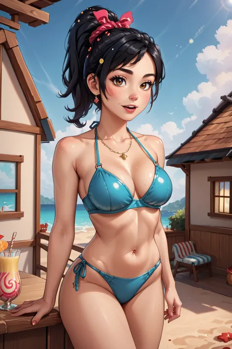 (((masterpiece))), ((best quality)), ((ultra-detailed)), (illustration), (detailed light), (an extremely delicate and beautiful), source_cartoon, source_anime, Vanellope_von_sweetchz, black hair, brown eyes, ponytail, candy on the head, sexy girl in sky bl...