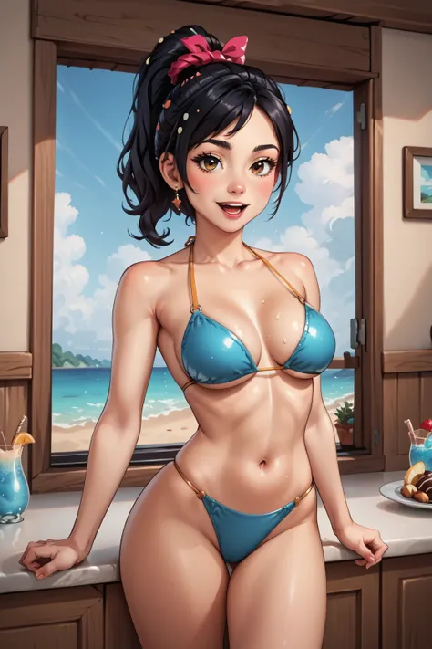 (((masterpiece))), ((best quality)), ((ultra-detailed)), (illustration), (detailed light), (an extremely delicate and beautiful), source_cartoon, source_anime, Vanellope_von_sweetchz, black hair, brown eyes, ponytail, candy on the head, sexy girl in sky bl...