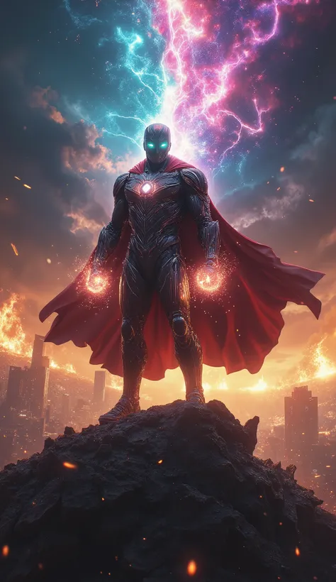 /imagine prompt: A cinematic shot of a legendary superhero standing atop a ruined cityscape, cape billowing in the wind, glowing eyes filled with power. The hero’s suit is futuristic, armored, and covered in intricate details. The background features a sky...